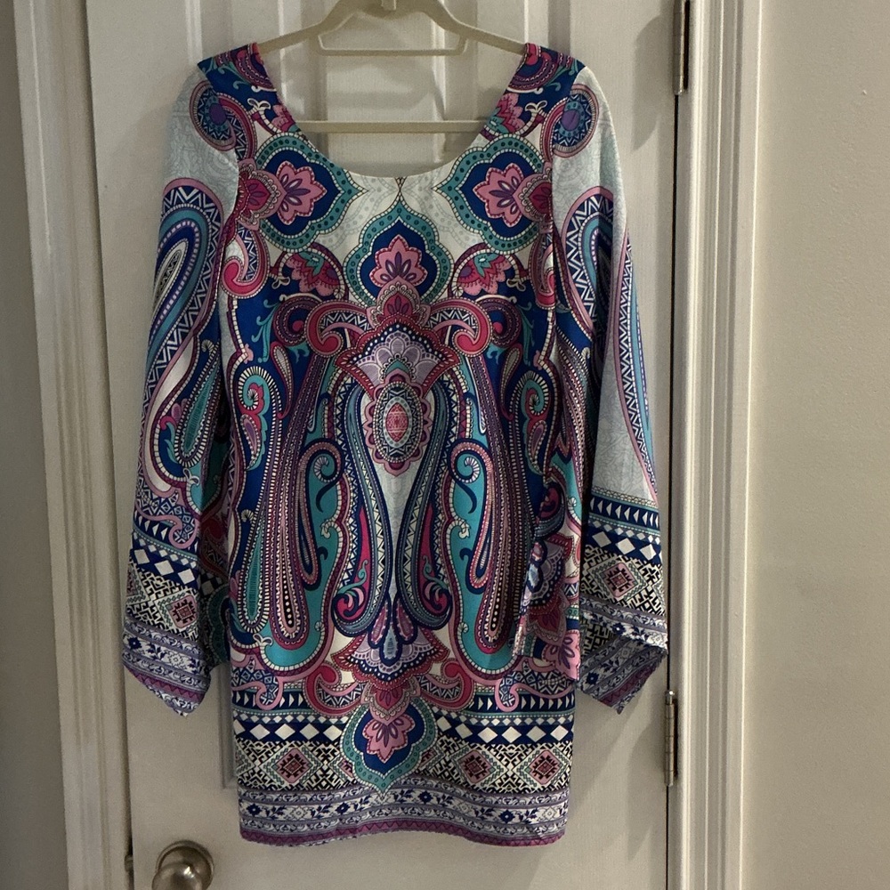 NWOT Pink Owl Apparel Paisley Multicolor Dress w/ Unique Shaped Bell Sleeves - Picture 2 of 15